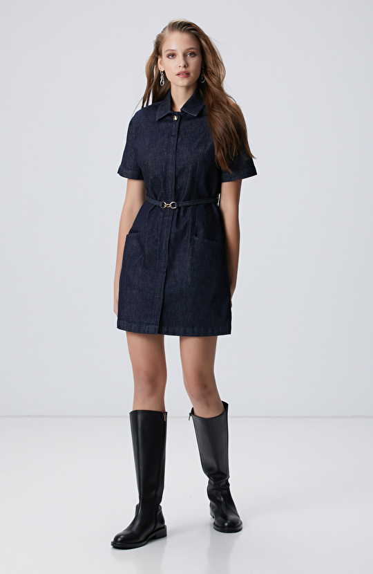 Kemer Detaylı Lacivert Denim Elbise