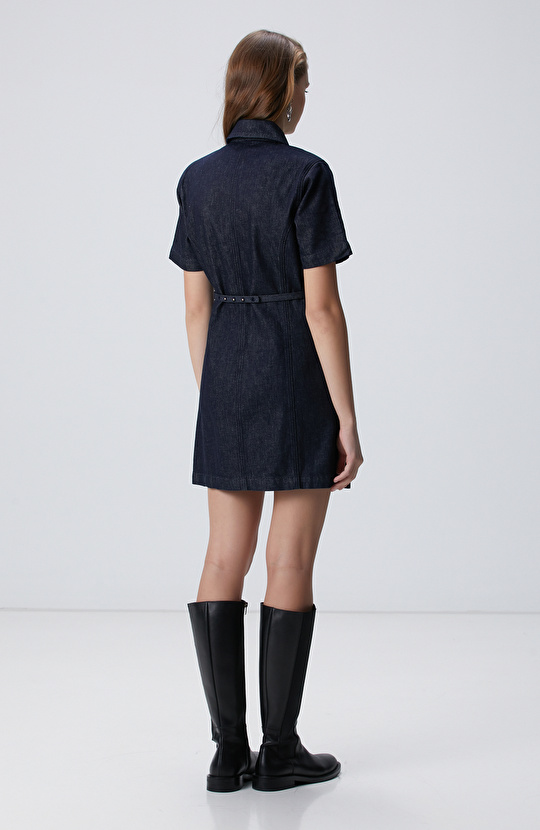 Kemer Detaylı Lacivert Denim Elbise