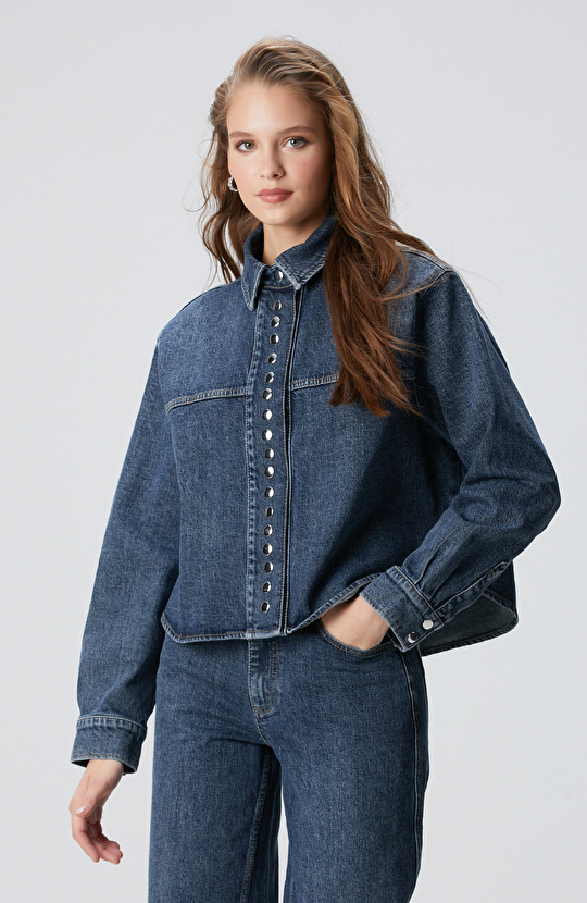 Mavi Çıtçıt Detaylı Denim Gömlek