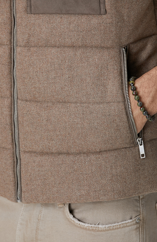 Bej Yün Karışımlı Flanel Casual Yelek