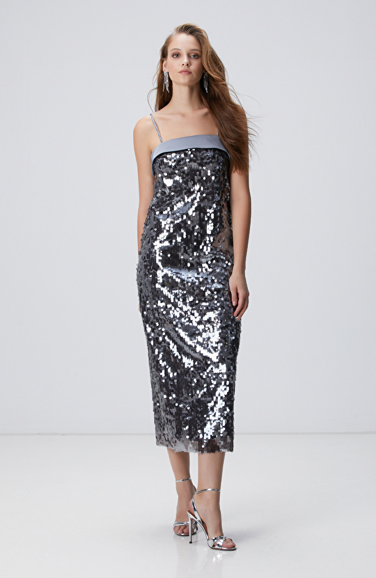 Antrasit Payetli Abiye Elbise