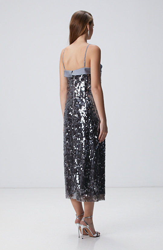 Antrasit Payetli Abiye Elbise