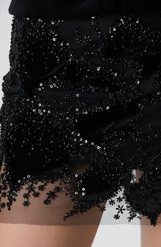 Siyah Kadın Mini Payetli Abiye Etek