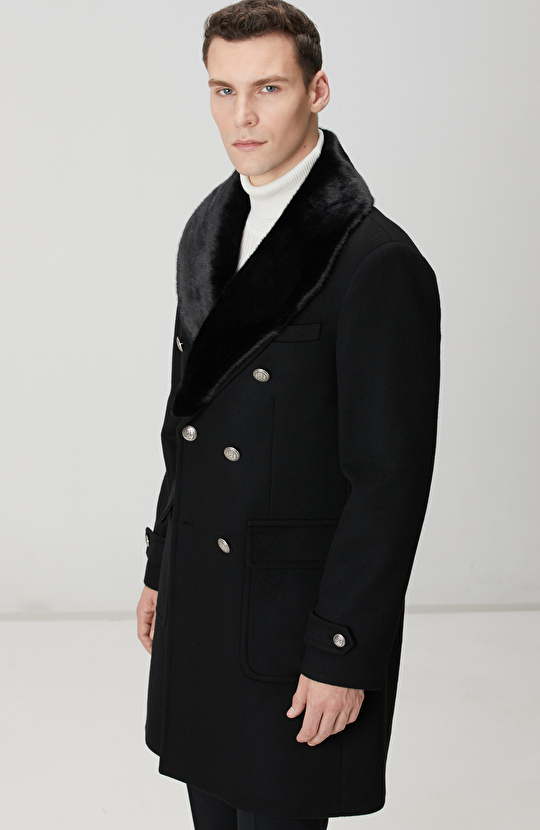 Siyah Yün Kaşmir Karışımlı Palto