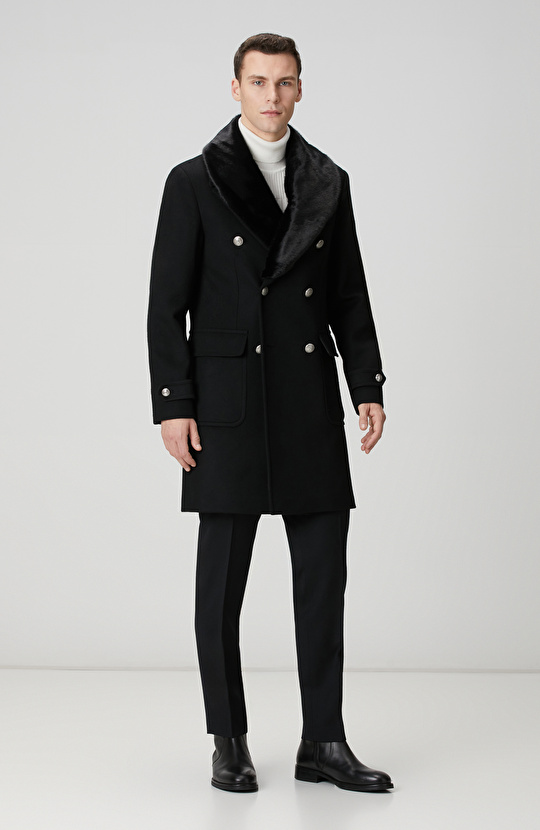Siyah Yün Kaşmir Karışımlı Palto