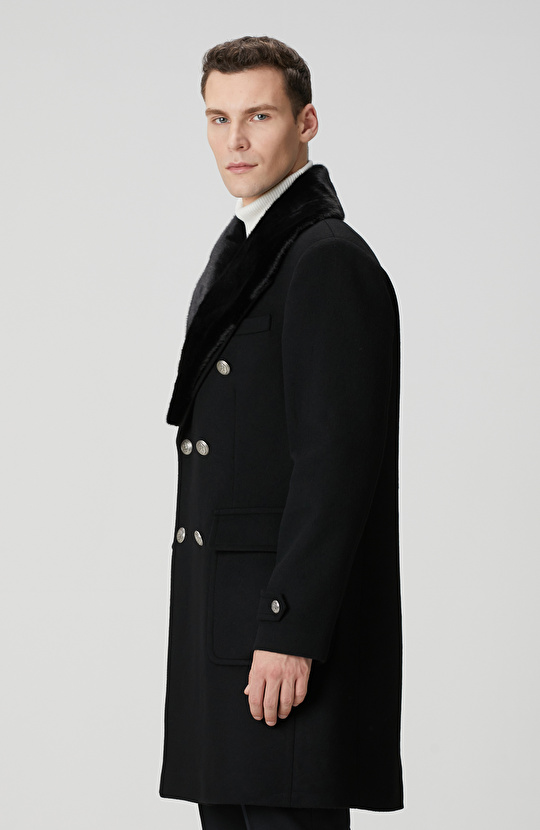 Siyah Yün Kaşmir Karışımlı Palto