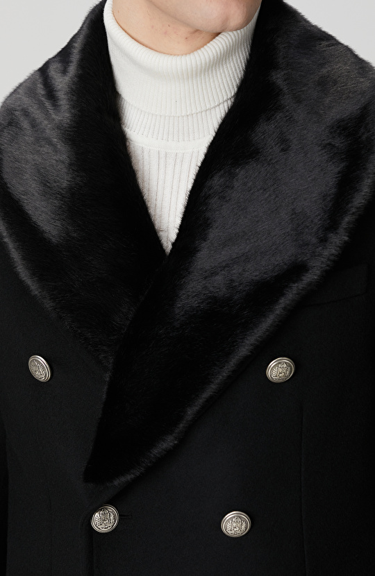 Siyah Yün Kaşmir Karışımlı Palto