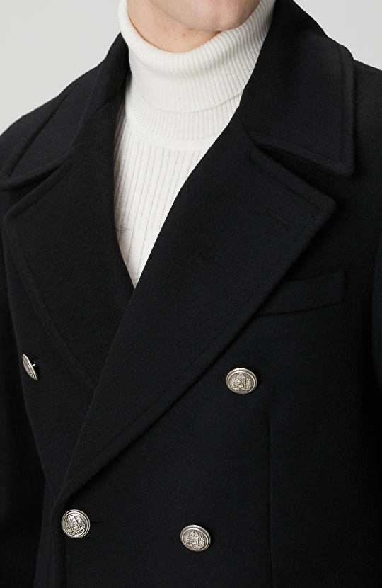 Siyah Yün Kaşmir Karışımlı Palto