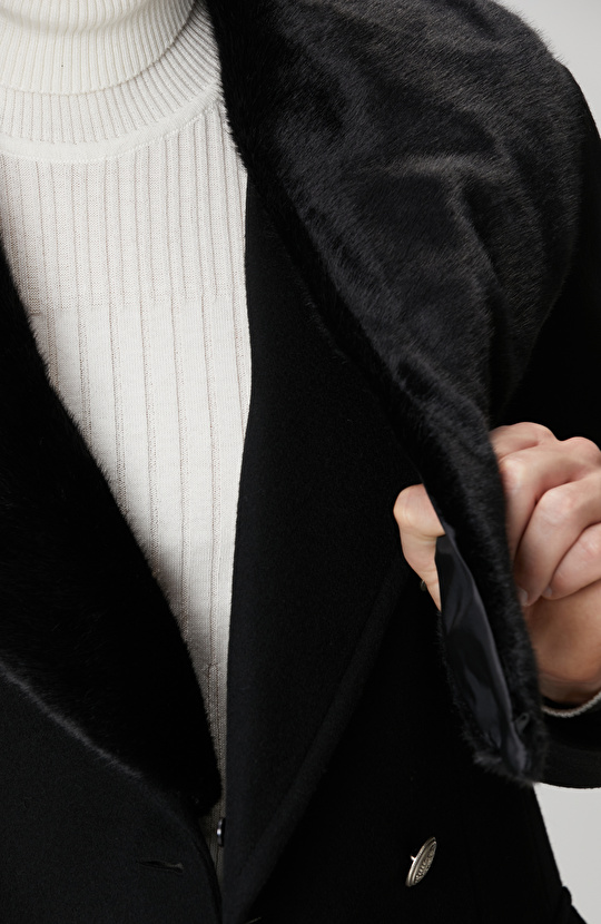 Siyah Yün Kaşmir Karışımlı Palto