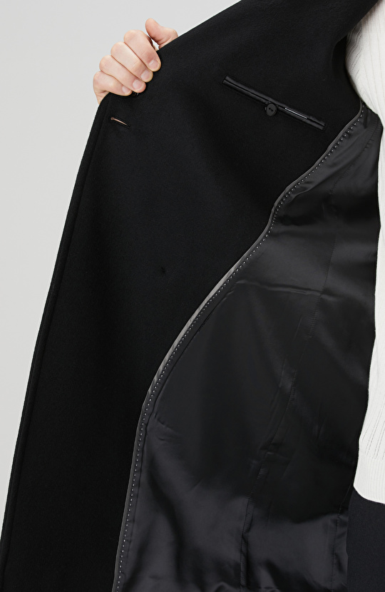 Siyah Yün Kaşmir Karışımlı Palto