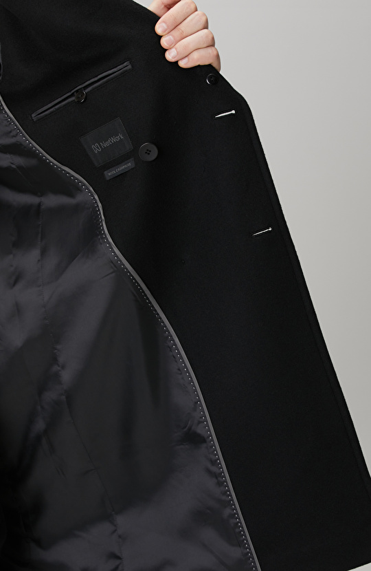 Siyah Yün Kaşmir Karışımlı Palto