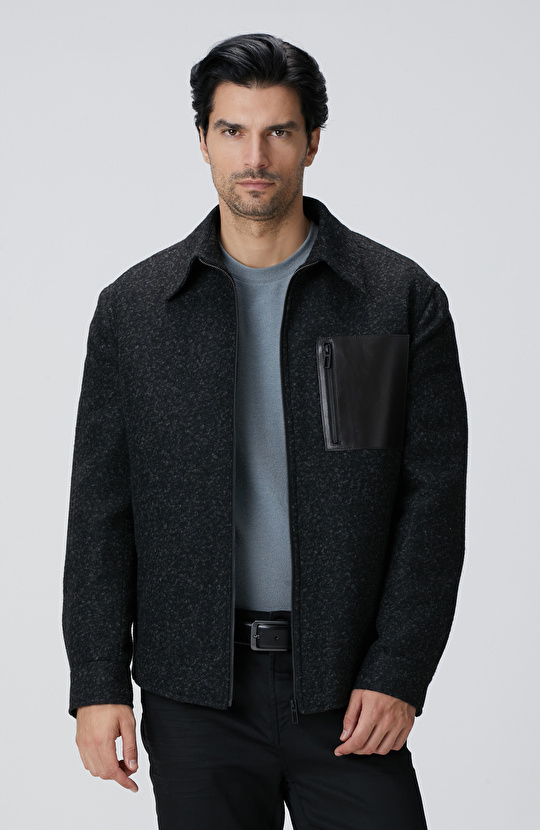Siyah Yün Karışımlı Deri Cep Detaylı Mont