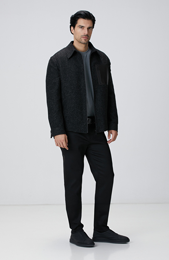 Siyah Yün Karışımlı Deri Cep Detaylı Mont