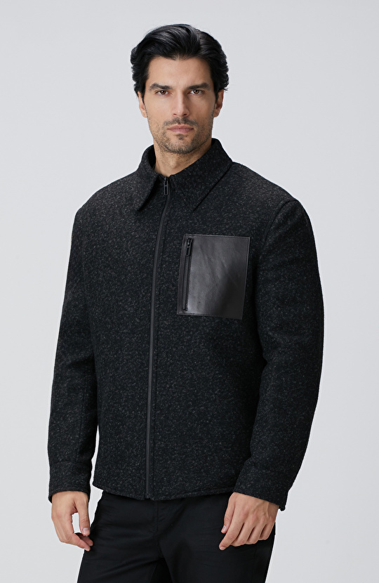 Siyah Yün Karışımlı Deri Cep Detaylı Mont