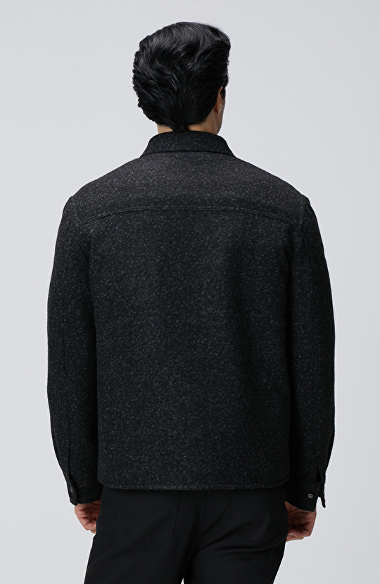 Siyah Yün Karışımlı Deri Cep Detaylı Mont