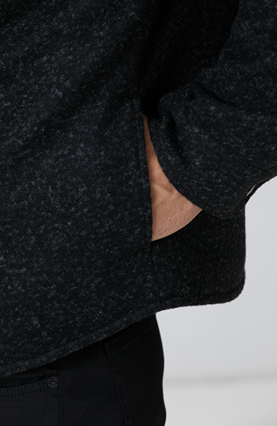 Siyah Yün Karışımlı Deri Cep Detaylı Mont