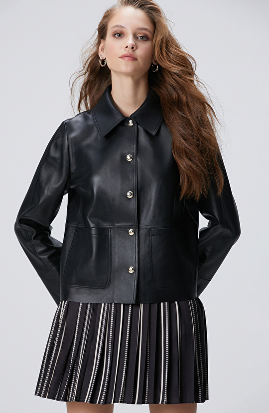 Siyah Çıtçıt Kapama Deri Mont