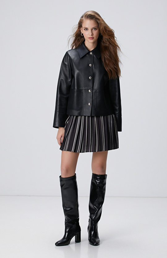 Siyah Çıtçıt Kapama Deri Mont