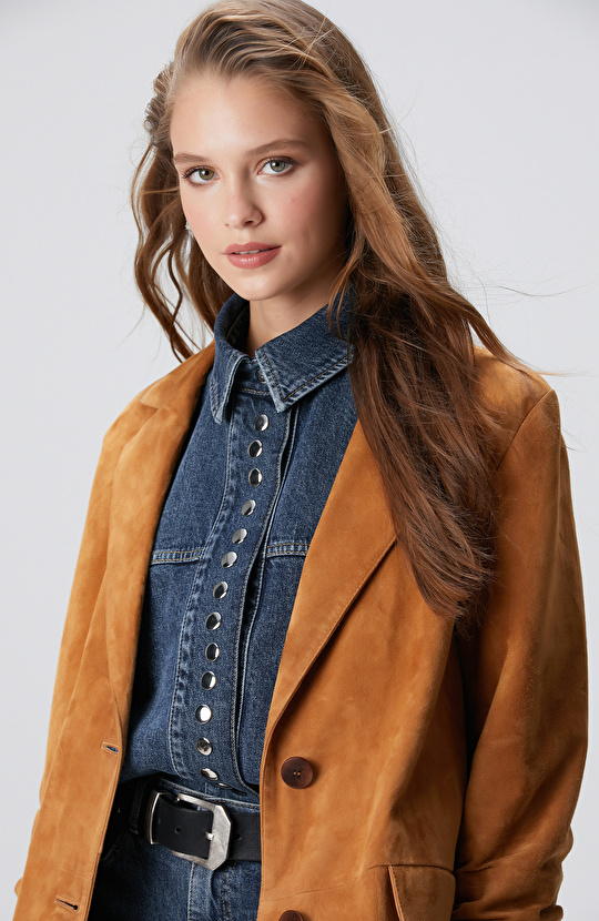 Camel Blazer Süet Deri Ceket