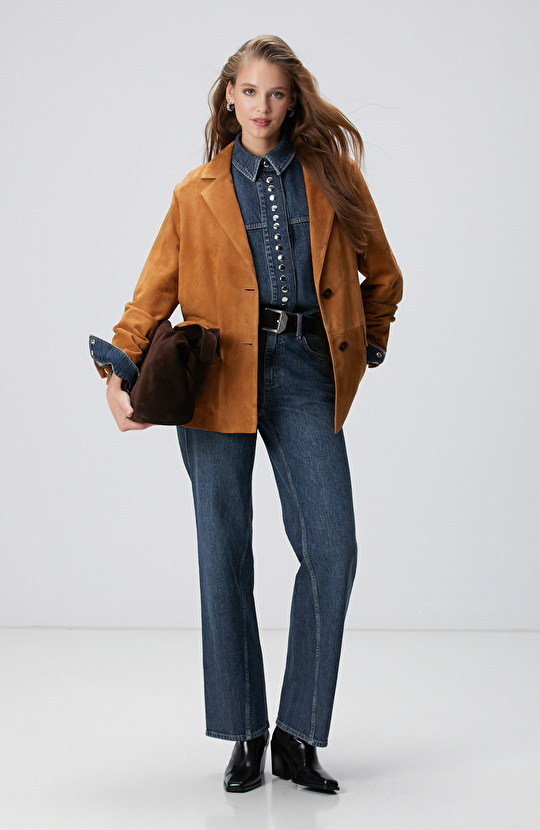 Camel Blazer Süet Deri Ceket