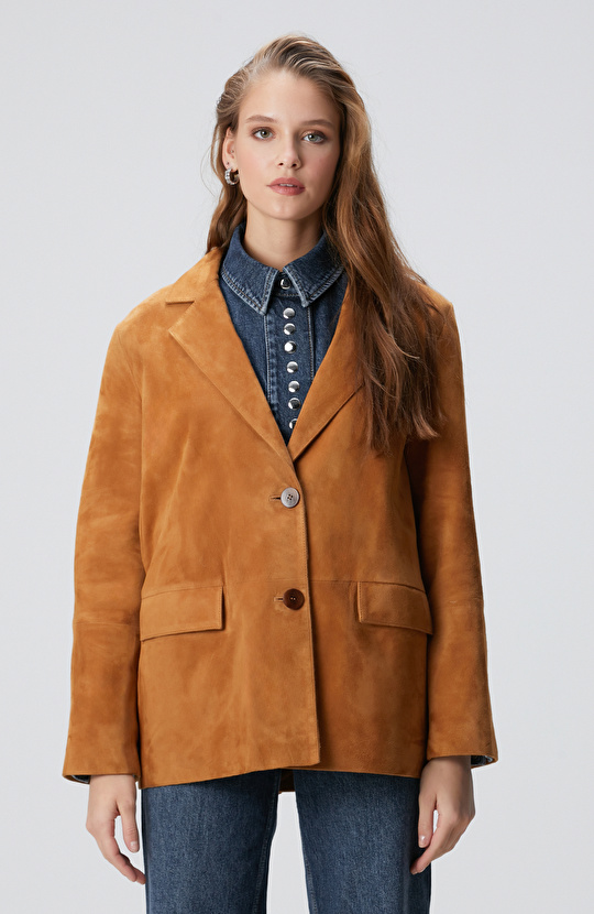 Camel Blazer Süet Deri Ceket