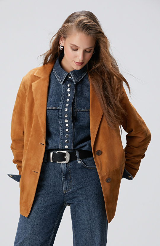 Camel Blazer Süet Deri Ceket