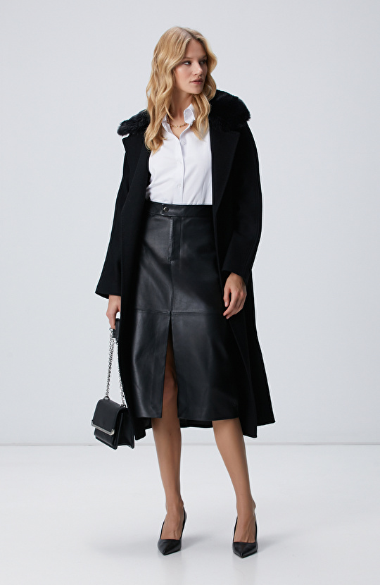 Siyah Midi Deri Etek Siyah Midi Deri Etek