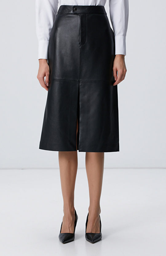 Siyah Midi Deri Etek