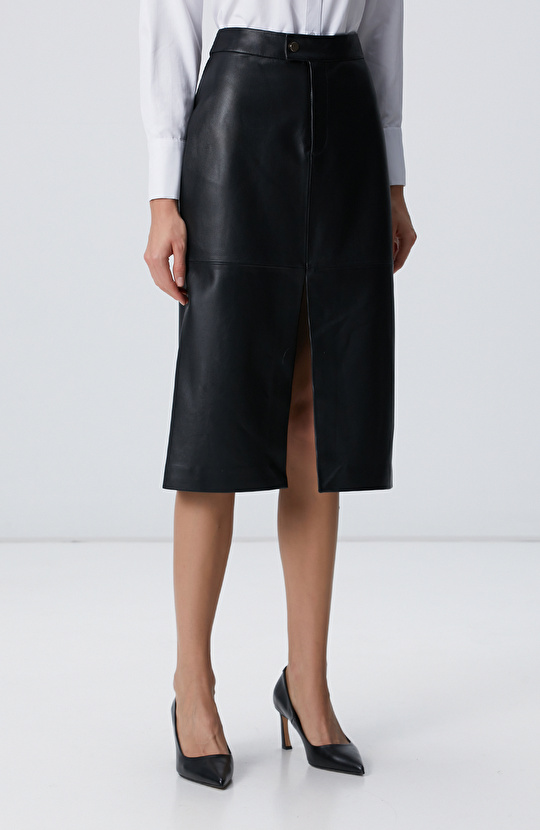 Siyah Midi Deri Etek