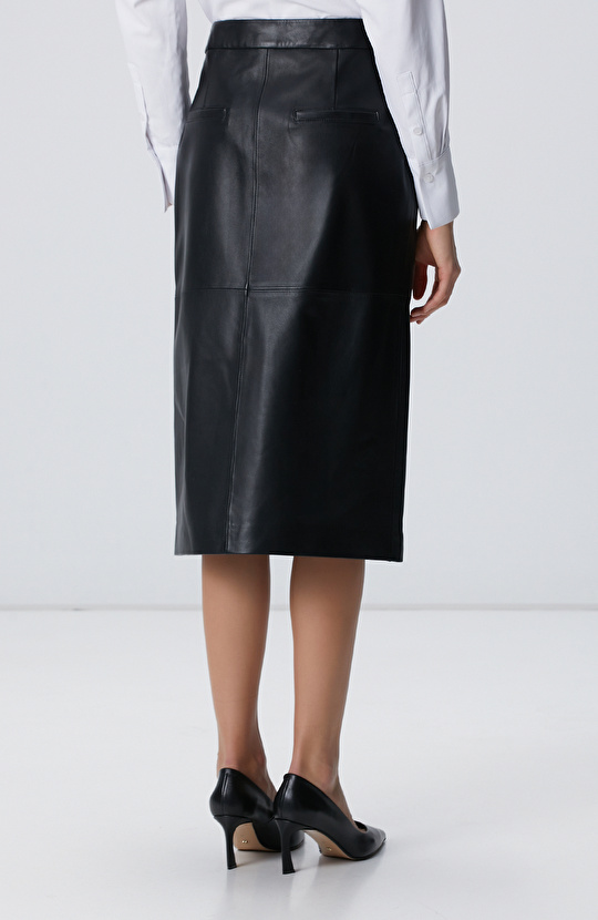 Siyah Midi Deri Etek
