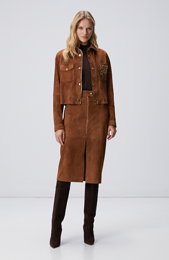 Tarçın Süet Deri Midi Etek