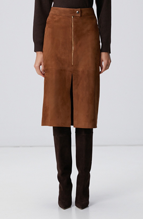 Tarçın Süet Deri Midi Etek