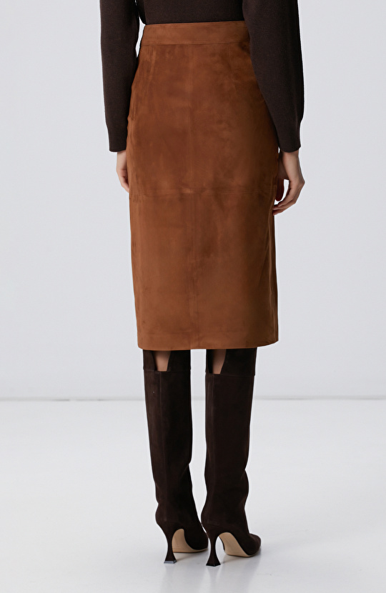 Tarçın Süet Deri Midi Etek