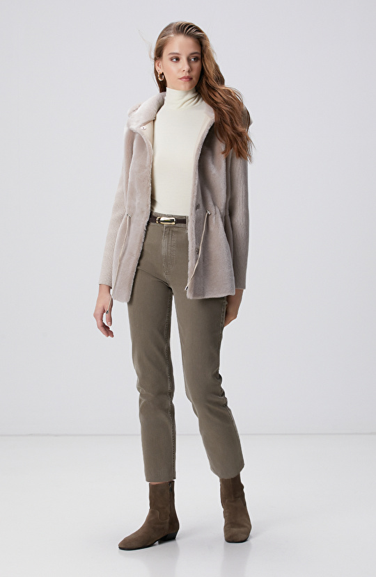 Taş Triko Detaylı Deri Kaban