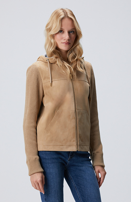 Bej Kapüşonlu Triko Detaylı Süet Deri Mont