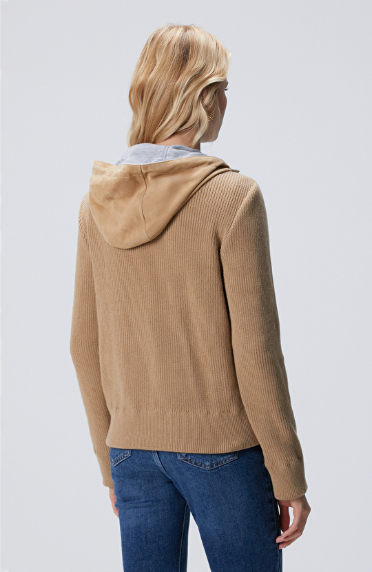 Bej Kapüşonlu Triko Detaylı Süet Deri Mont