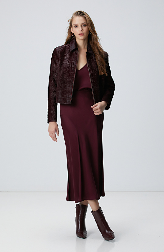 Limited Vişne Kroko Desenli Deri Mont