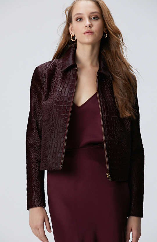 Limited Vişne Kroko Desenli Deri Mont