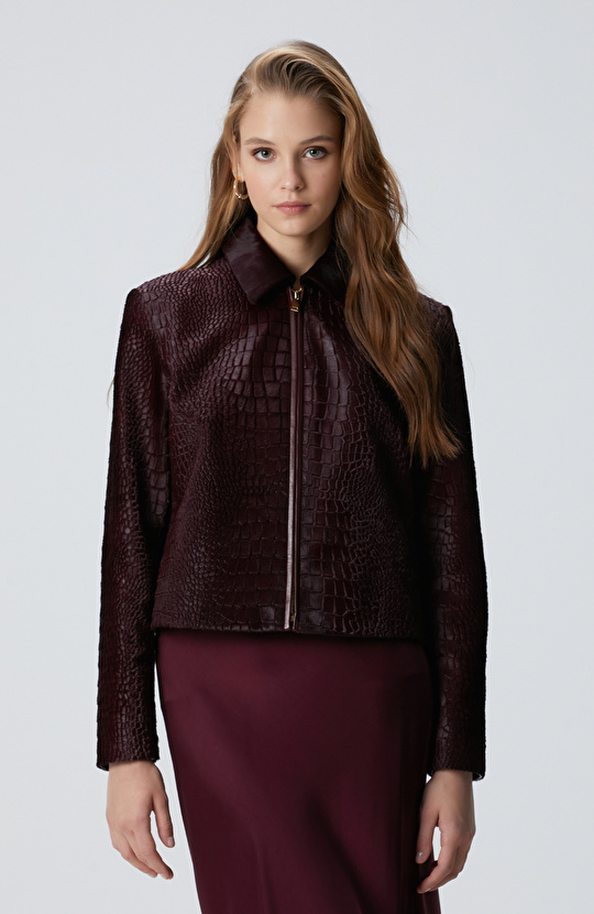 Limited Vişne Kroko Desenli Deri Mont