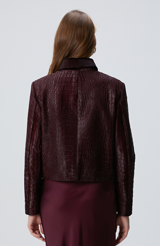 Limited Vişne Kroko Desenli Deri Mont