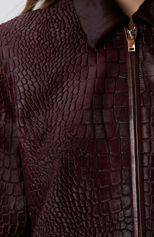 Limited Vişne Kroko Desenli Deri Mont