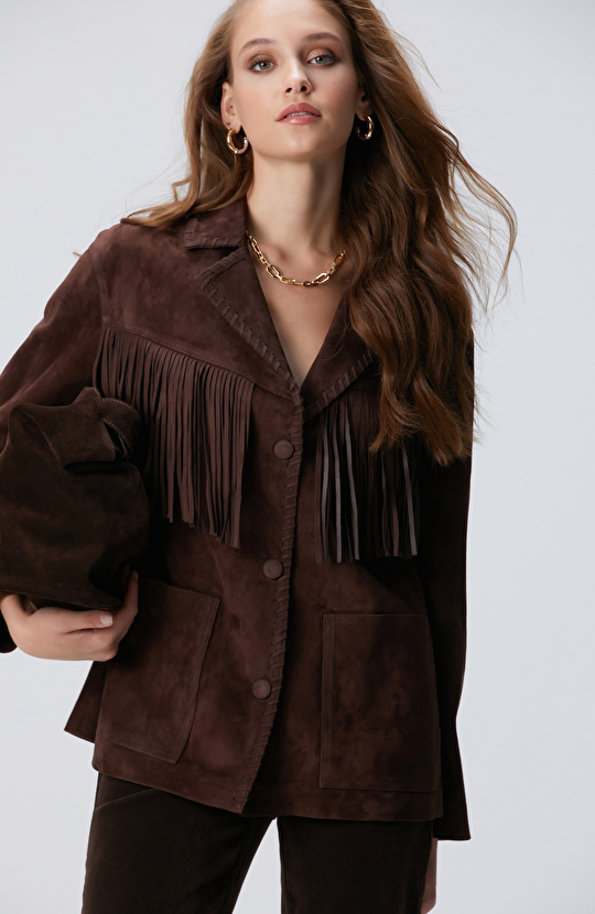 Acı Kahve Püskül Detaylı Süet Deri Mont