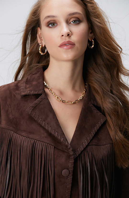 Acı Kahve Püskül Detaylı Süet Deri Mont