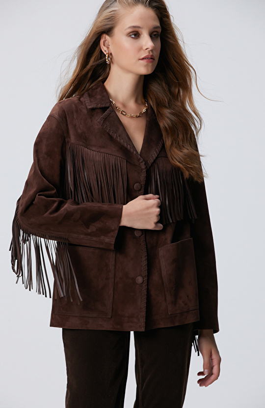 Acı Kahve Püskül Detaylı Süet Deri Mont