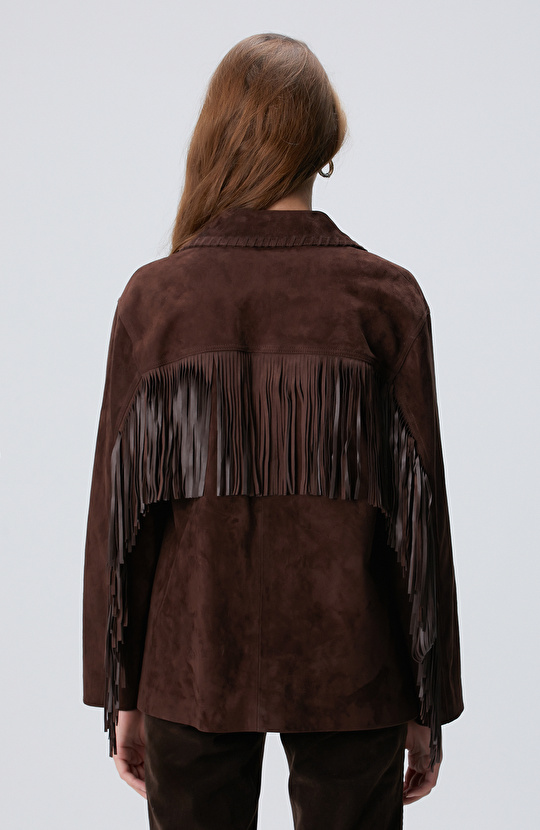 Acı Kahve Püskül Detaylı Süet Deri Mont