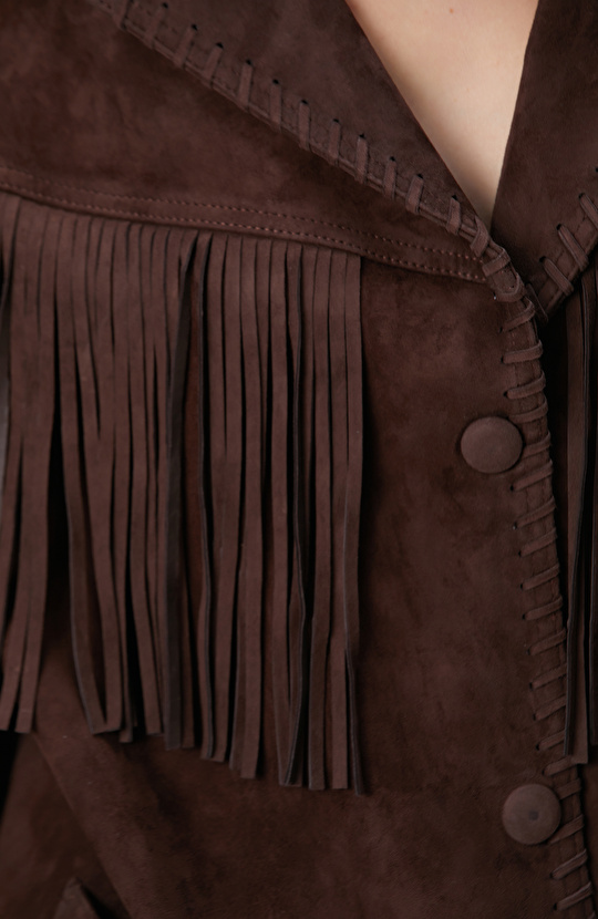 Acı Kahve Püskül Detaylı Süet Deri Mont