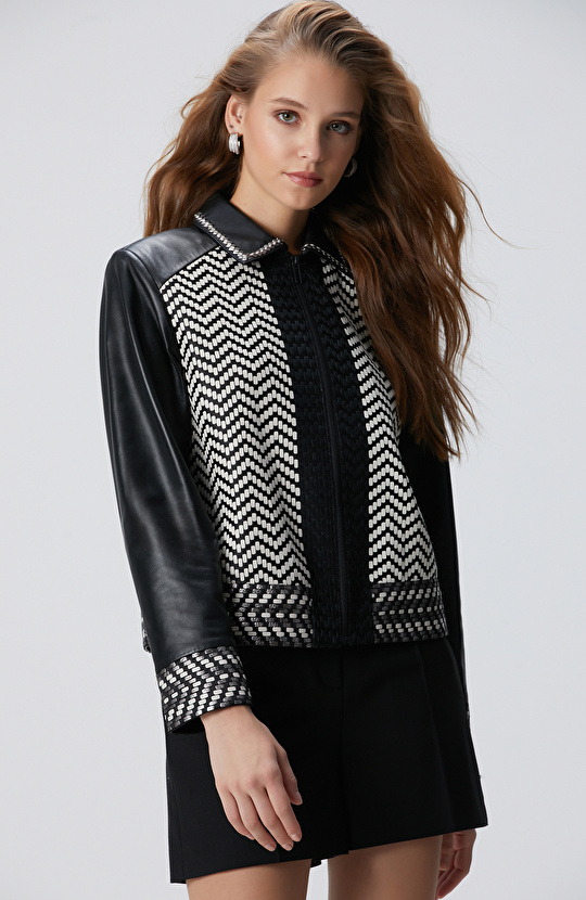 Limited Siyah Beyaz Örgü Detaylı Deri Mont