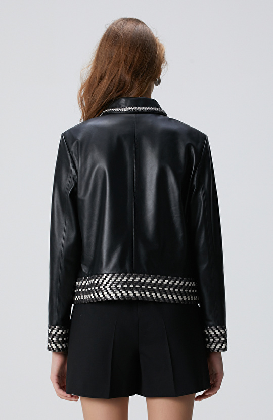 Limited Siyah Beyaz Örgü Detaylı Deri Mont