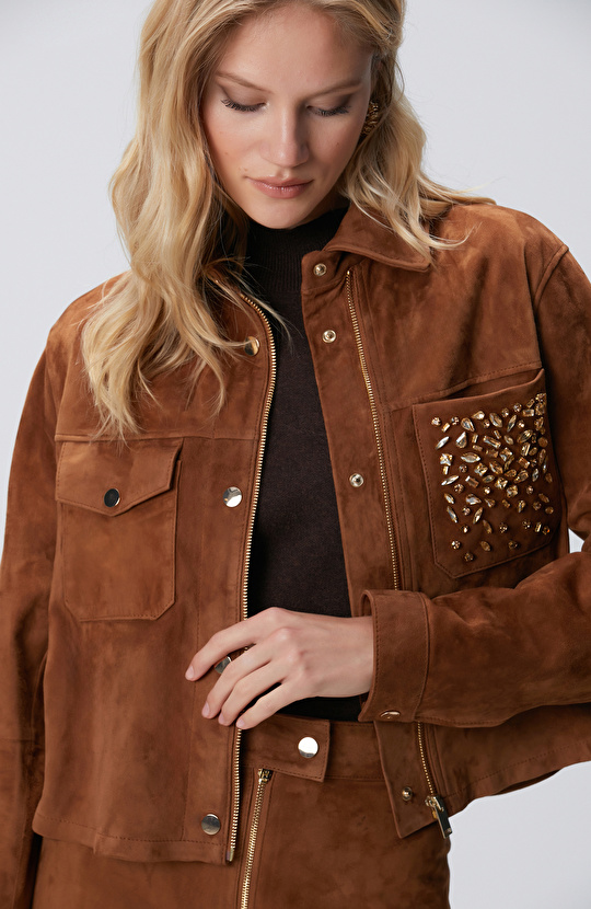 Tarçın Taş Detaylı Süet Deri Mont