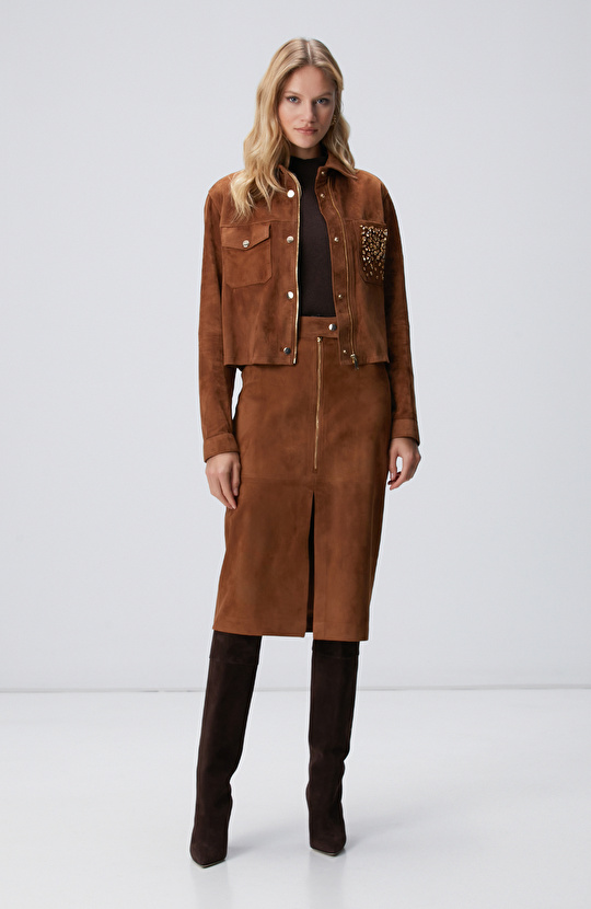 Tarçın Taş Detaylı Süet Deri Mont